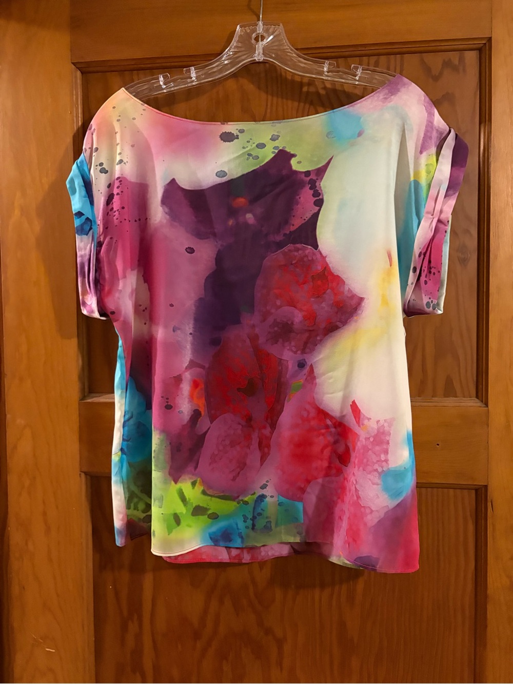 Alice + Olivia Watercolor Floral Short Sleeve Blouse in Pink, Purple, Teal